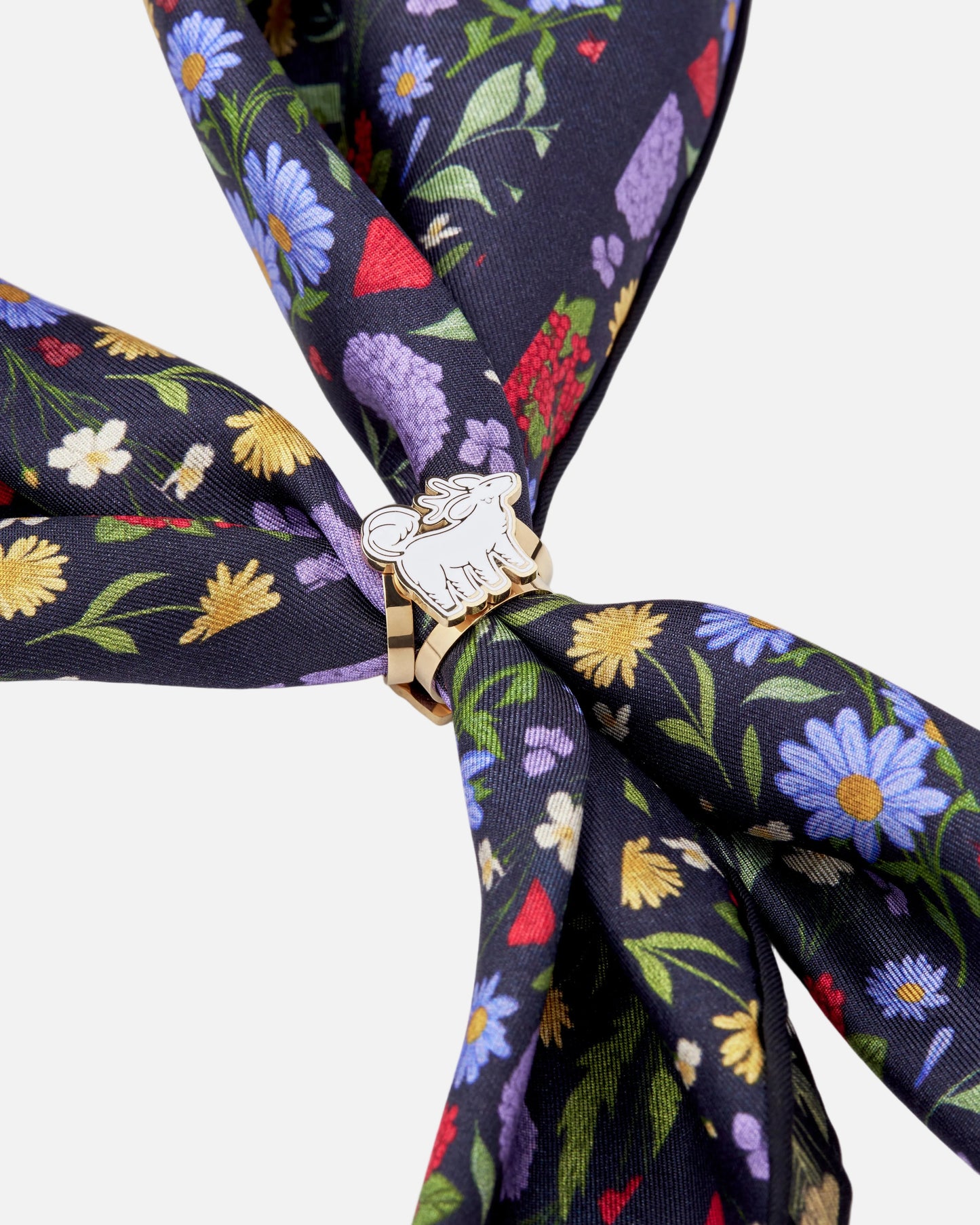 Moonlight Noir Qiling Duo gold scarf ring styled with a silk scarf — Studio Qiling luxury scarf accessory Singapore