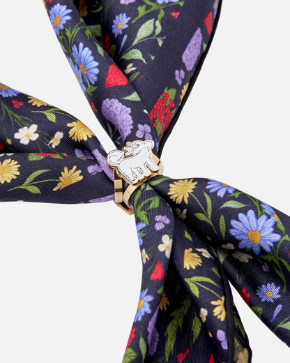Moonlight Noir Qiling Duo gold scarf ring styled with a silk scarf — Studio Qiling luxury scarf accessory Singapore