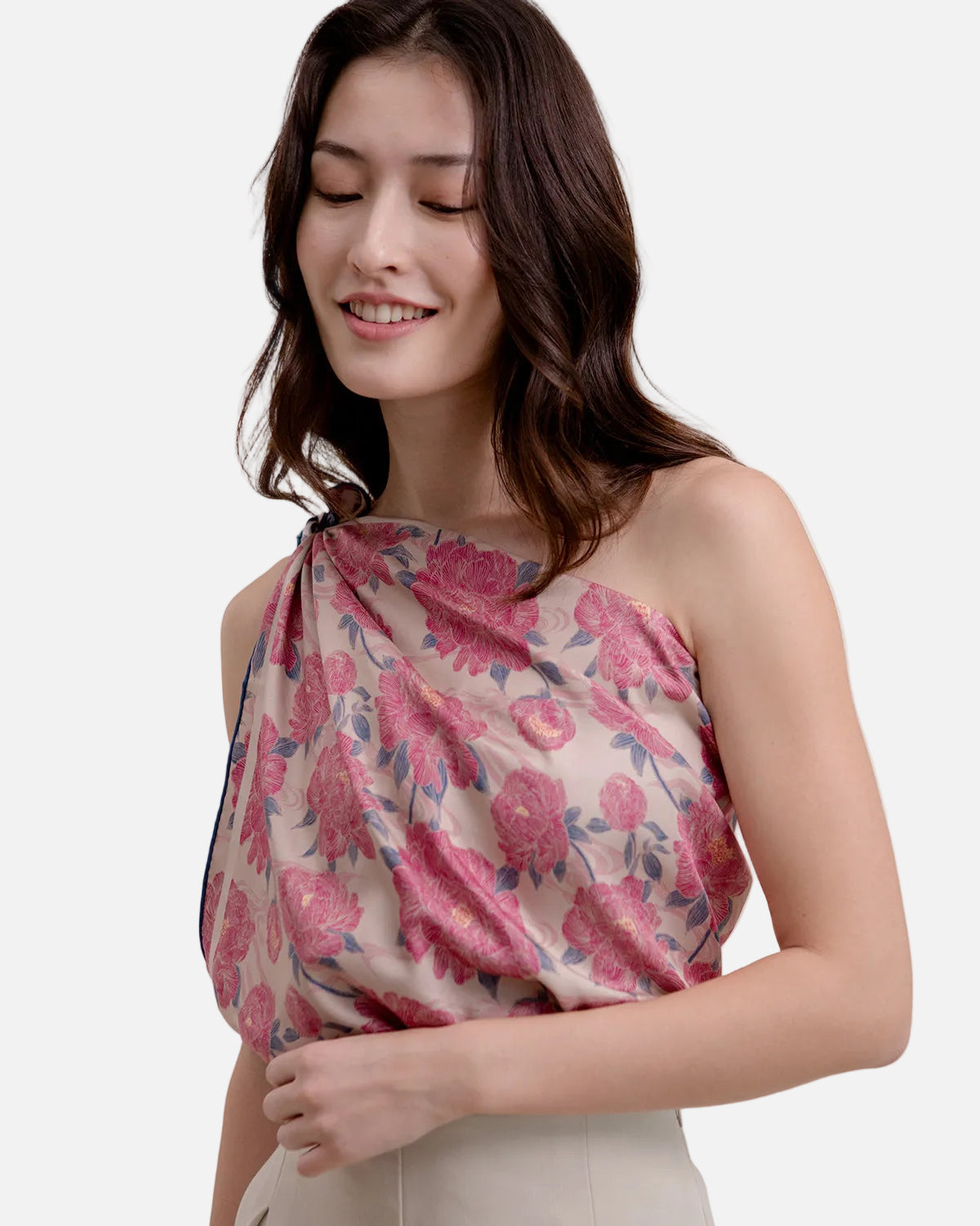Peony Lavender Blush double-sided 100cm silk scarf worn as a neck wrap — Studio Qiling hand-drawn peony print luxury wearable art scarf Singapore