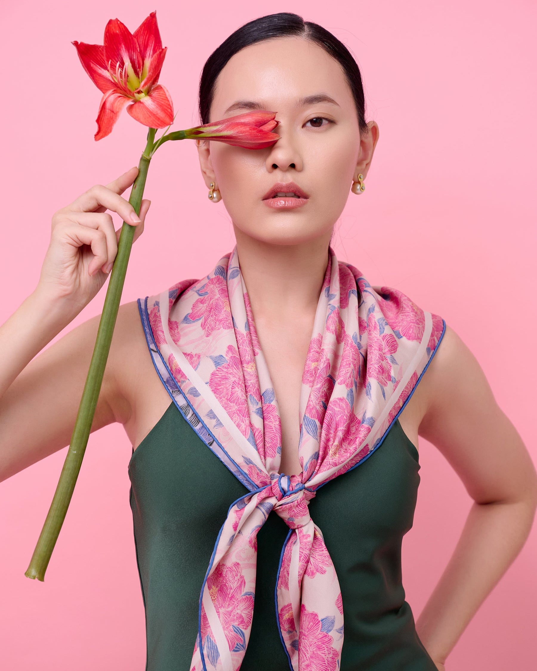 Peony Lavender Blush reversible silk scarf styled with fresh flowers — Studio Qiling hand-drawn peony floral luxury scarf Singapore