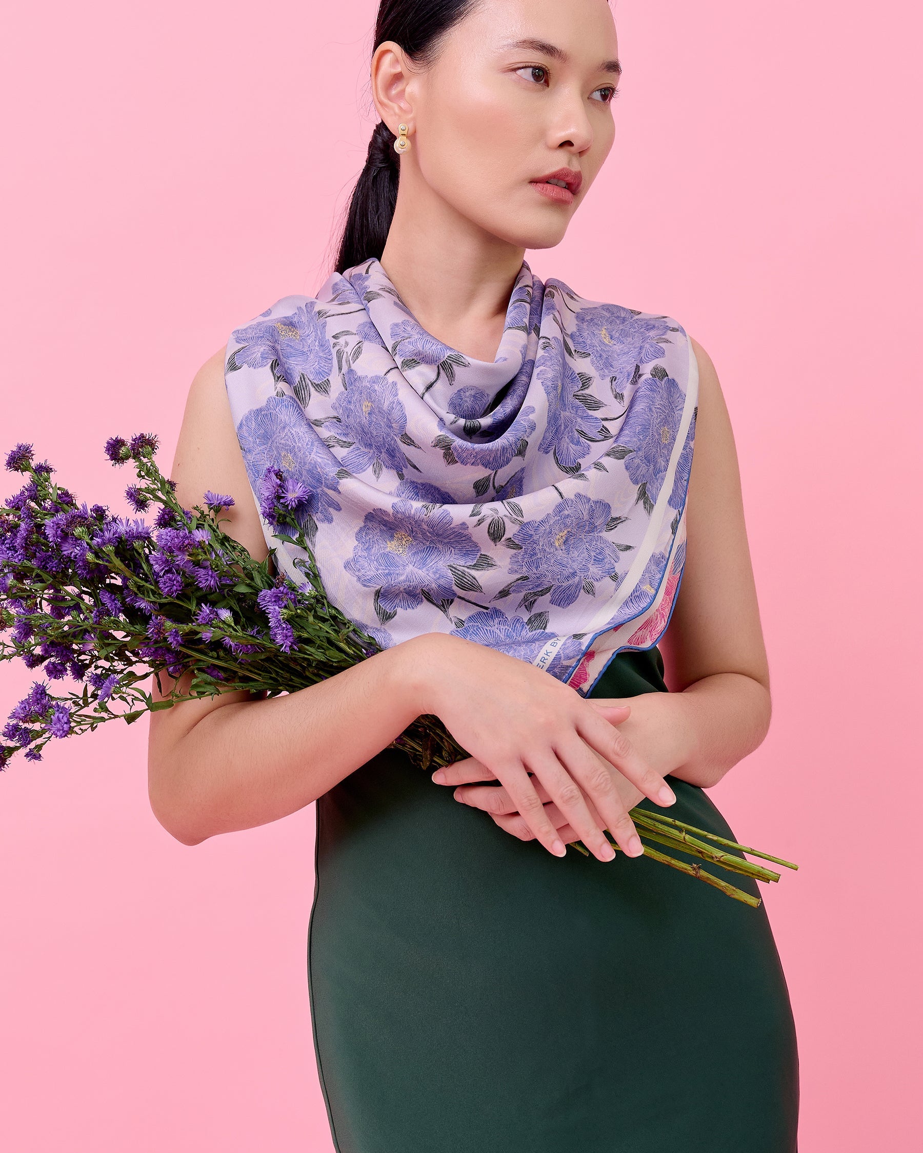 Close-up of hand-drawn peony floral motif on Peony Lavender Blush reversible silk scarf — Studio Qiling Singapore designer luxury scarf