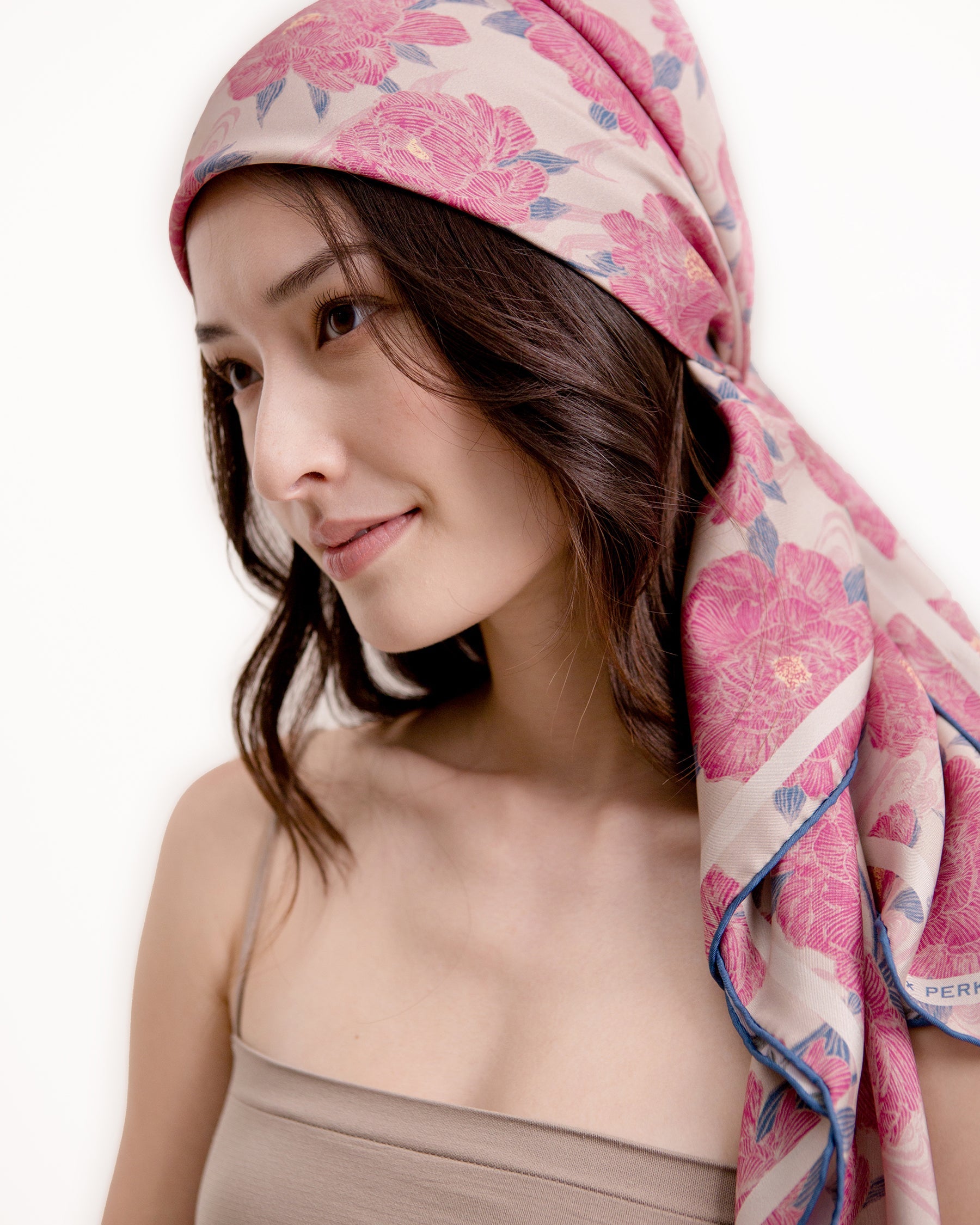Peony Lavender Blush double-sided silk scarf styled as a headscarf — Studio Qiling hand-drawn peony print luxury scarf Singapore