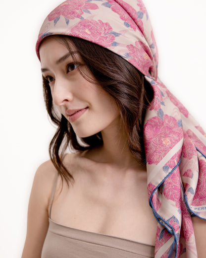 Peony Lavender Blush double-sided silk scarf styled as a headscarf — Studio Qiling hand-drawn peony print luxury scarf Singapore