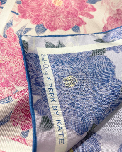 Close-up of hand-drawn peony blooms on Peony Lavender Blush double-sided silk scarf — Studio Qiling luxury artist print scarf Singapore