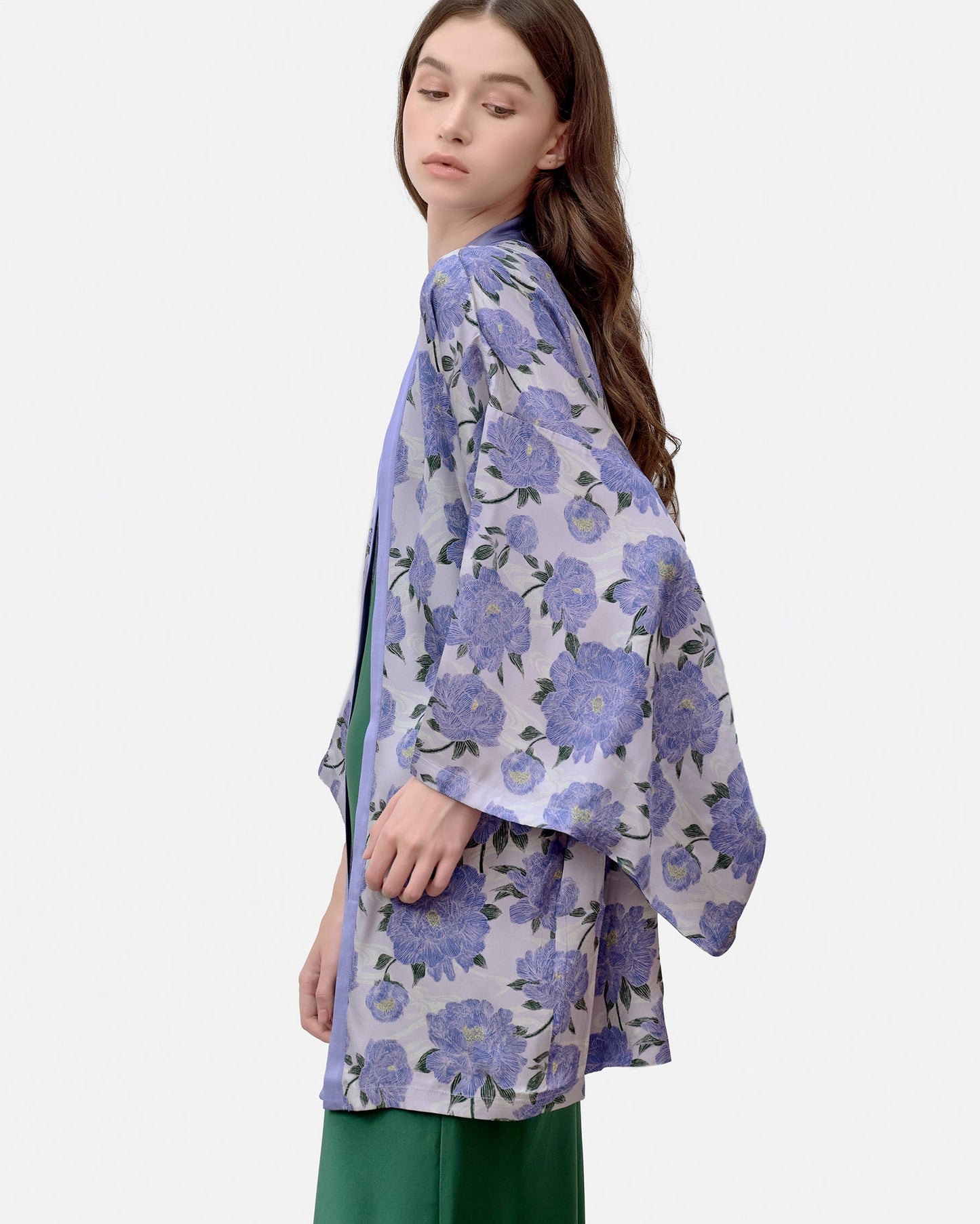 Close-up of hand-drawn peony print on Peony Lavender silk blend kimono — Studio Qiling luxury wearable art Singapore