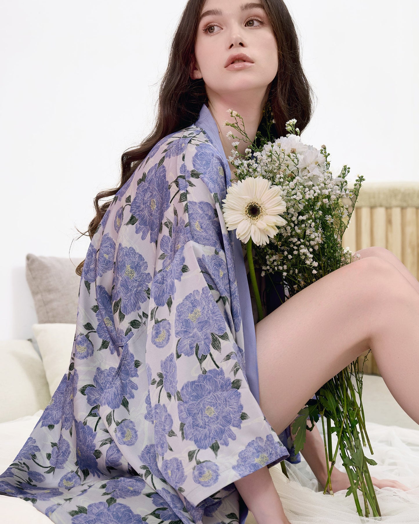 Peony Lavender silk blend kimono styled open over a dress — Studio Qiling hand-drawn peony print artist kimono Singapore