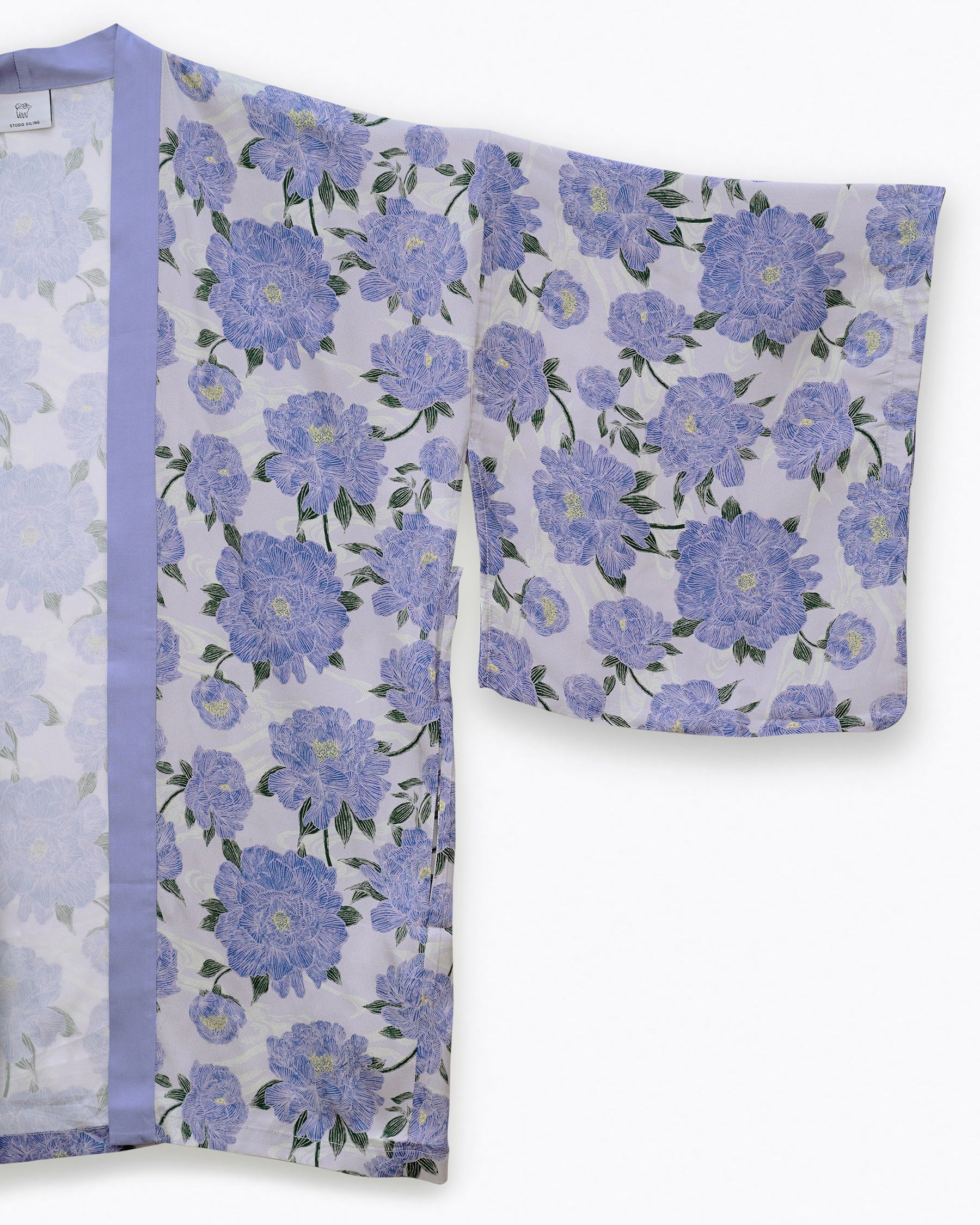 Peony Lavender silk blend kimono laid flat — Studio Qiling hand-drawn peony print luxury outerwear Singapore