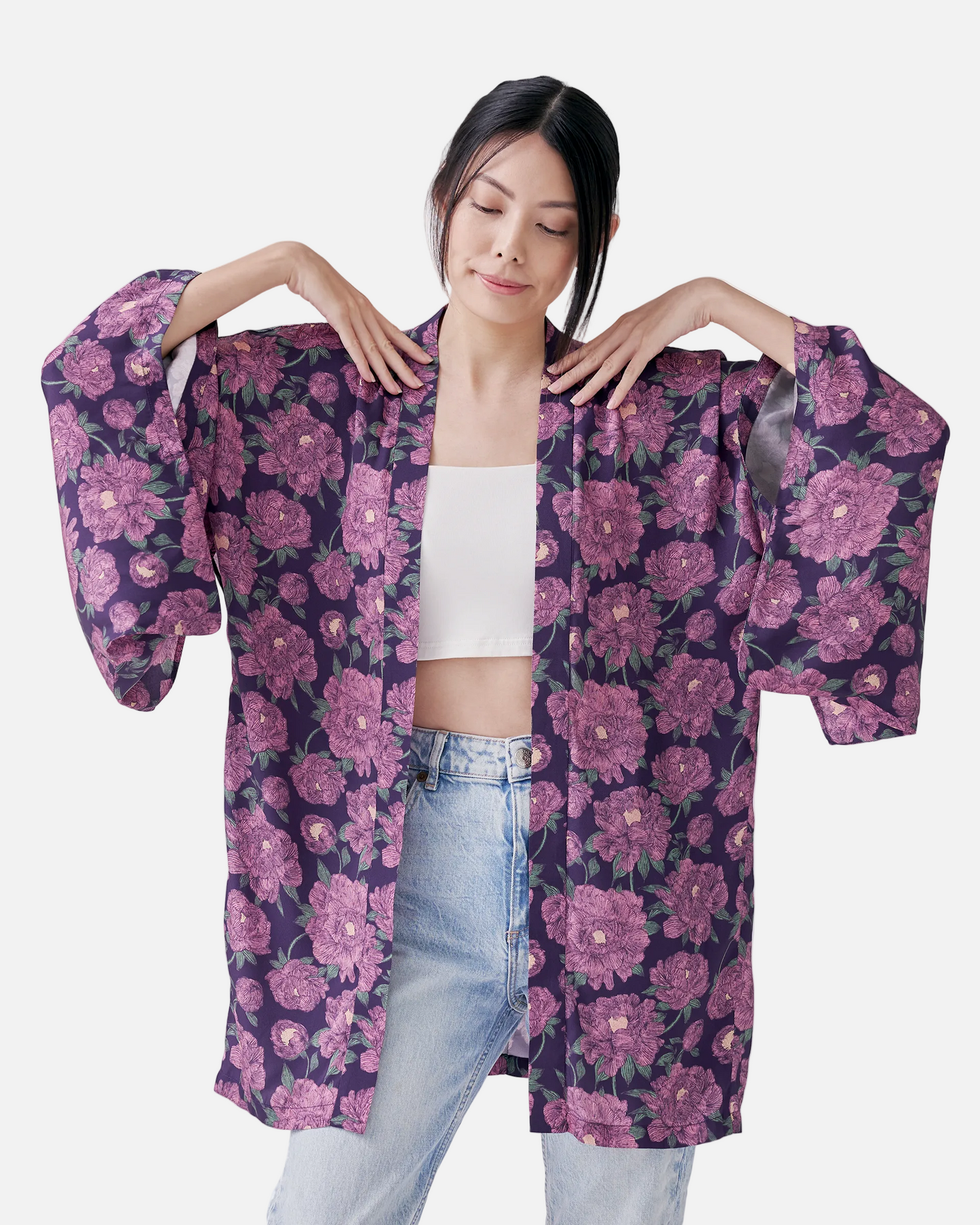 Peony Pink silk blend kimono styled as a beach cover up — Studio Qiling wearable art luxury kimono outerwear Singapore