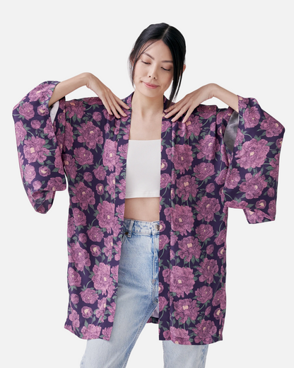 Peony Pink silk blend kimono styled as a beach cover up — Studio Qiling wearable art luxury kimono outerwear Singapore
