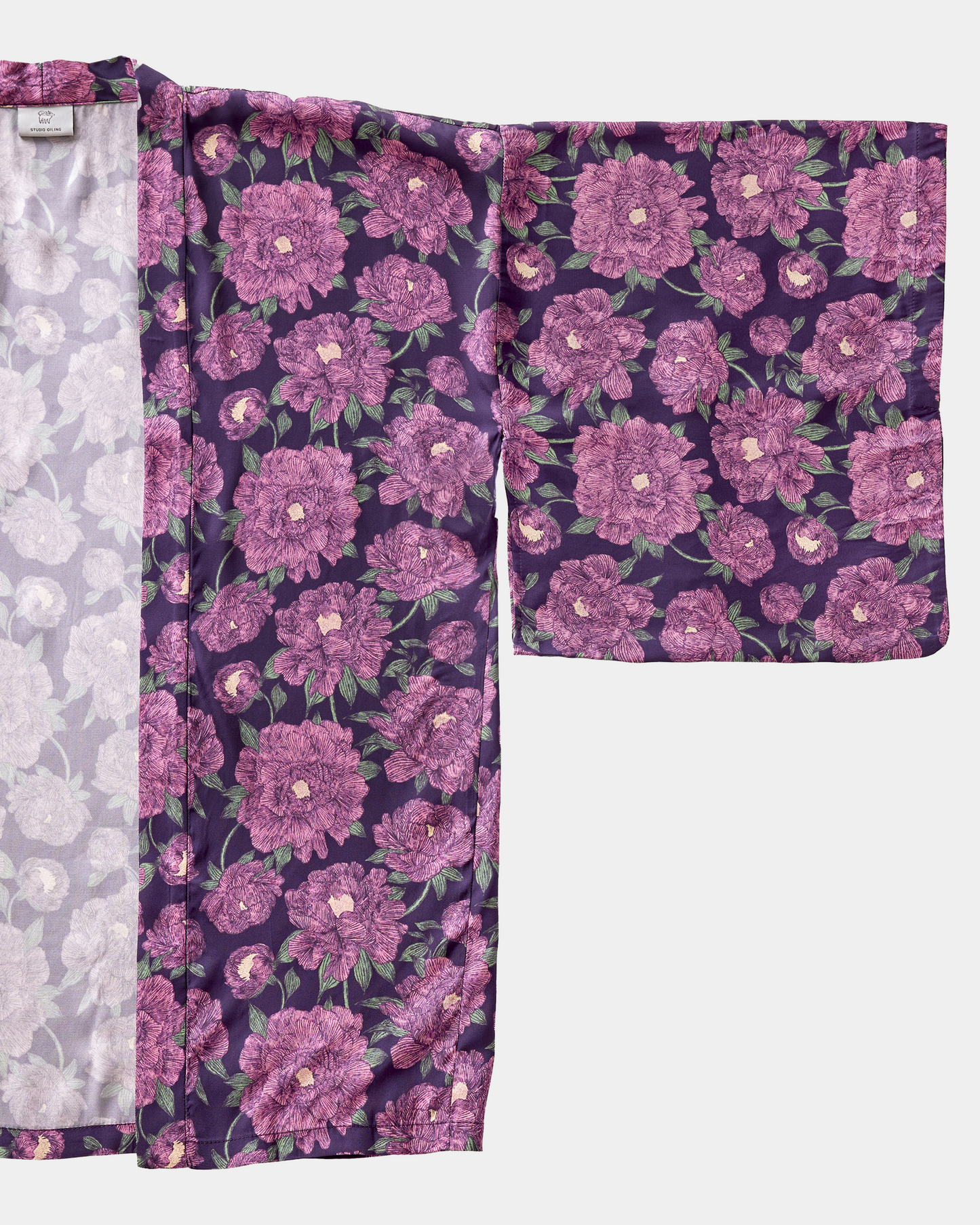 Peony Pink silk blend kimono laid flat — Studio Qiling hand-drawn peony print luxury kimono jacket Singapore