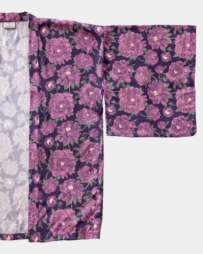 Peony Pink silk blend kimono laid flat — Studio Qiling hand-drawn peony print luxury kimono jacket Singapore