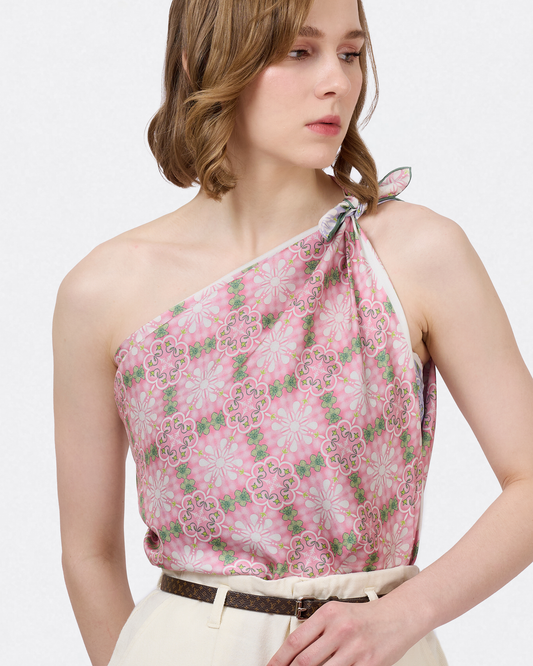 Peranakan Orchid Cornflower Pink double-sided 100cm silk scarf with hand-drawn Peranakan tiles and Vanda Miss Joaquim orchid — Studio Qiling luxury print scarf Singapore