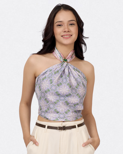 Peranakan Orchid Cornflower Pink reversible silk scarf styled as a neck scarf — Studio Qiling hand-drawn Peranakan orchid wearable art Singapore