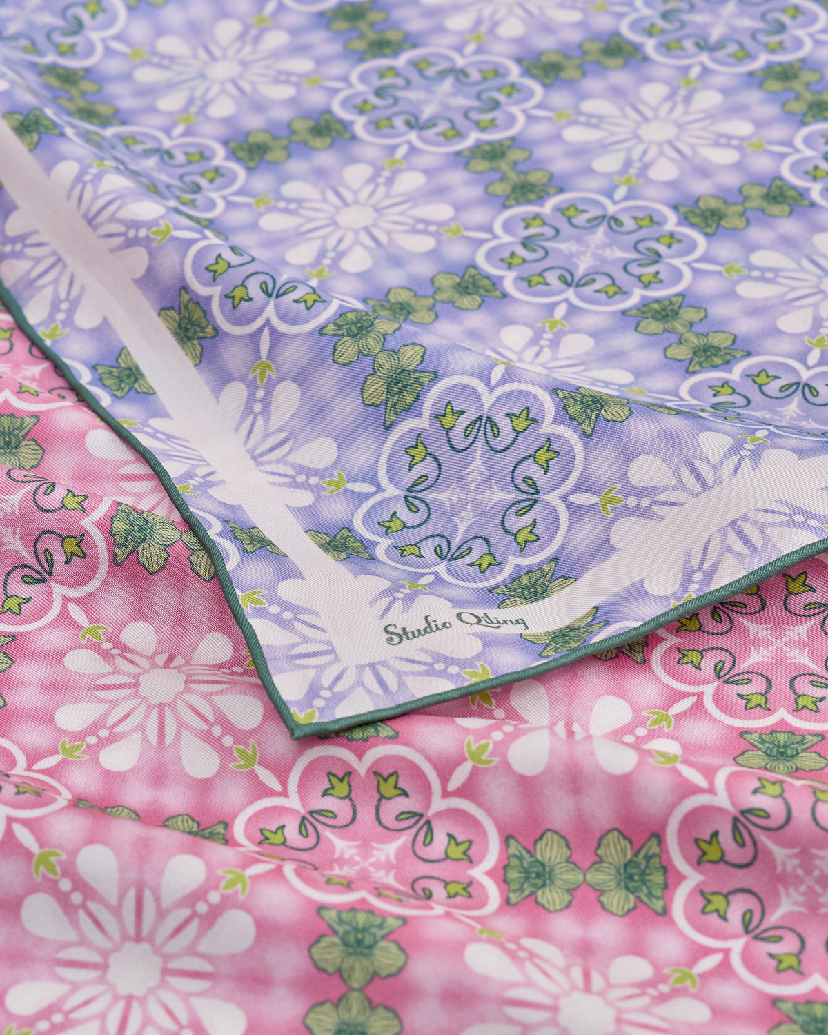 Peranakan Orchid Cornflower Pink 100cm silk scarf worn as a headscarf — Studio Qiling hand-drawn Peranakan orchid luxury scarf Singapore