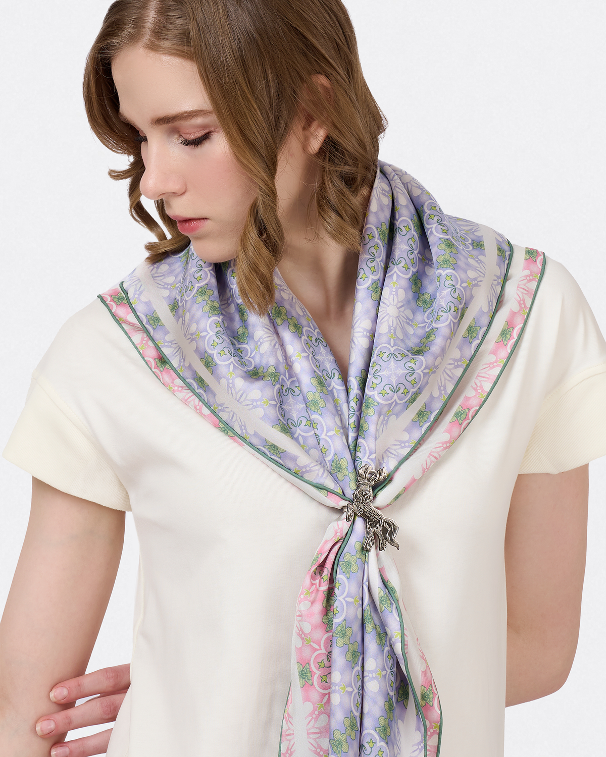 Close-up of hand-drawn Peranakan tiles and Vanda Miss Joaquim orchid on the Cornflower Pink silk scarf — Studio Qiling Singapore