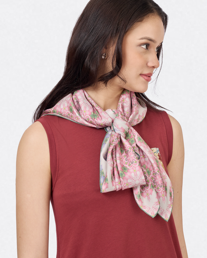 Peranakan Orchid Cornflower Pink reversible silk scarf laid flat showing both sides — Studio Qiling double-sided luxury scarf Singapore