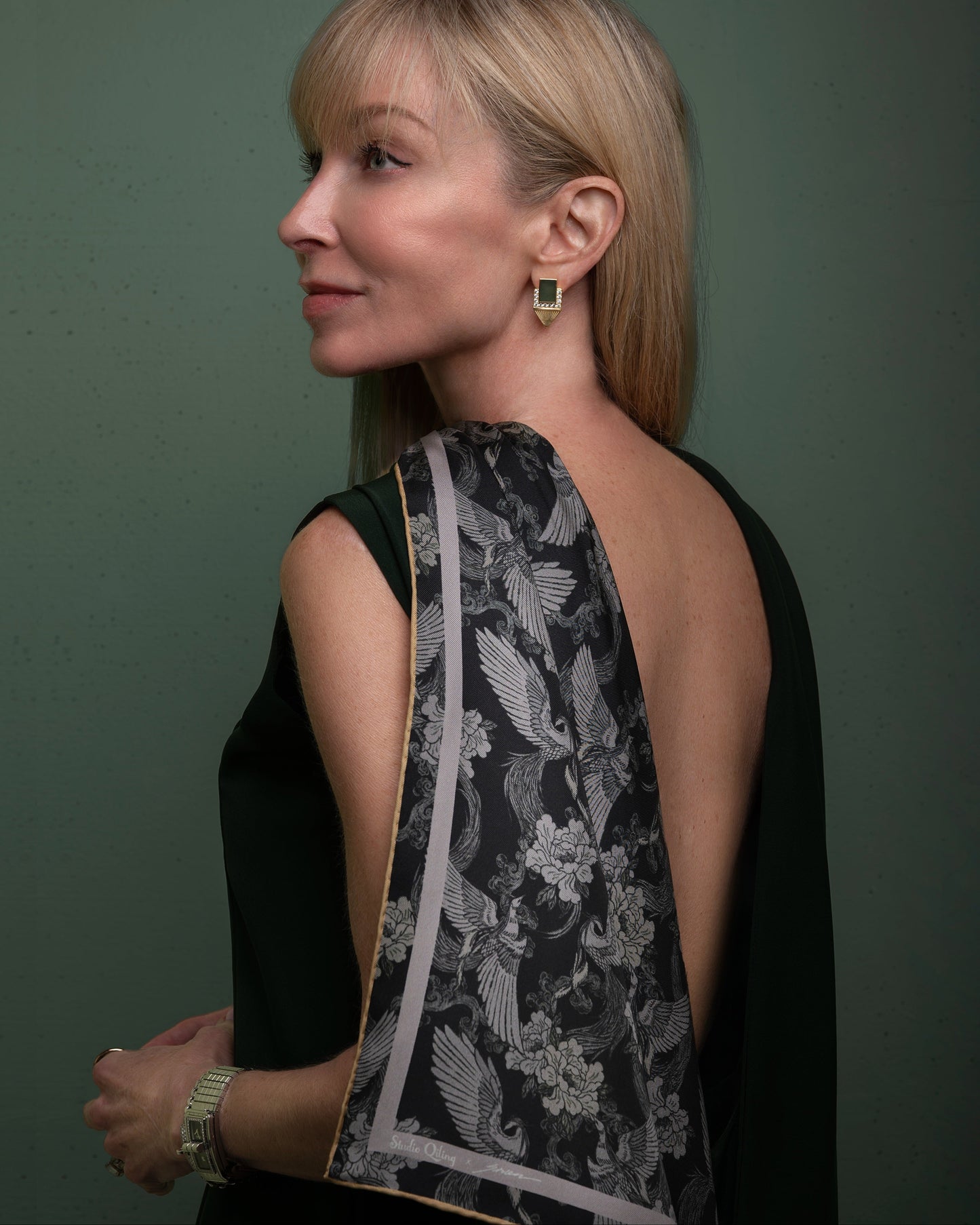 Phoenix Night Jade double-sided 65cm silk scarf with hand-drawn phoenix and peony motif in night jade tones — Studio Qiling luxury wearable art Singapore