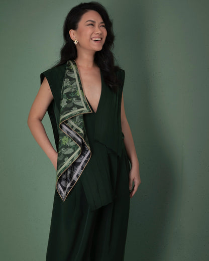 Woman wearing Phoenix Night Jade double-sided 65cm silk scarf as a neck wrap — Studio Qiling hand-drawn phoenix luxury scarf