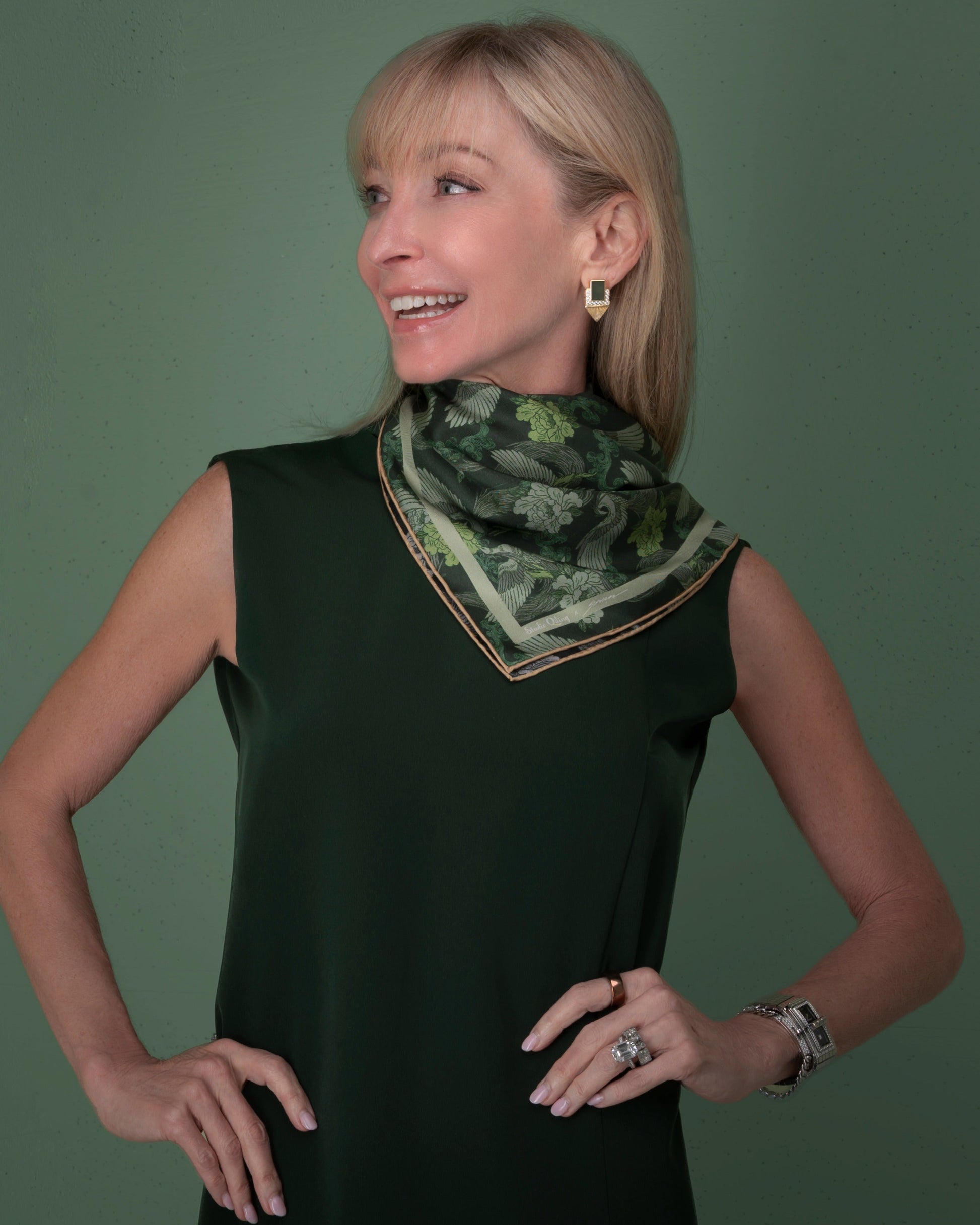 Phoenix Night Jade double-sided silk scarf styled as a top — Studio Qiling wearable art luxury scarf Singapore