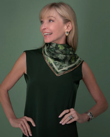 Phoenix Night Jade double-sided silk scarf styled as a top — Studio Qiling wearable art luxury scarf Singapore