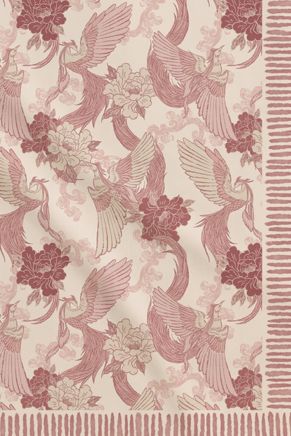 Shawl with hand-drawn Phoenix print in rose and white colour