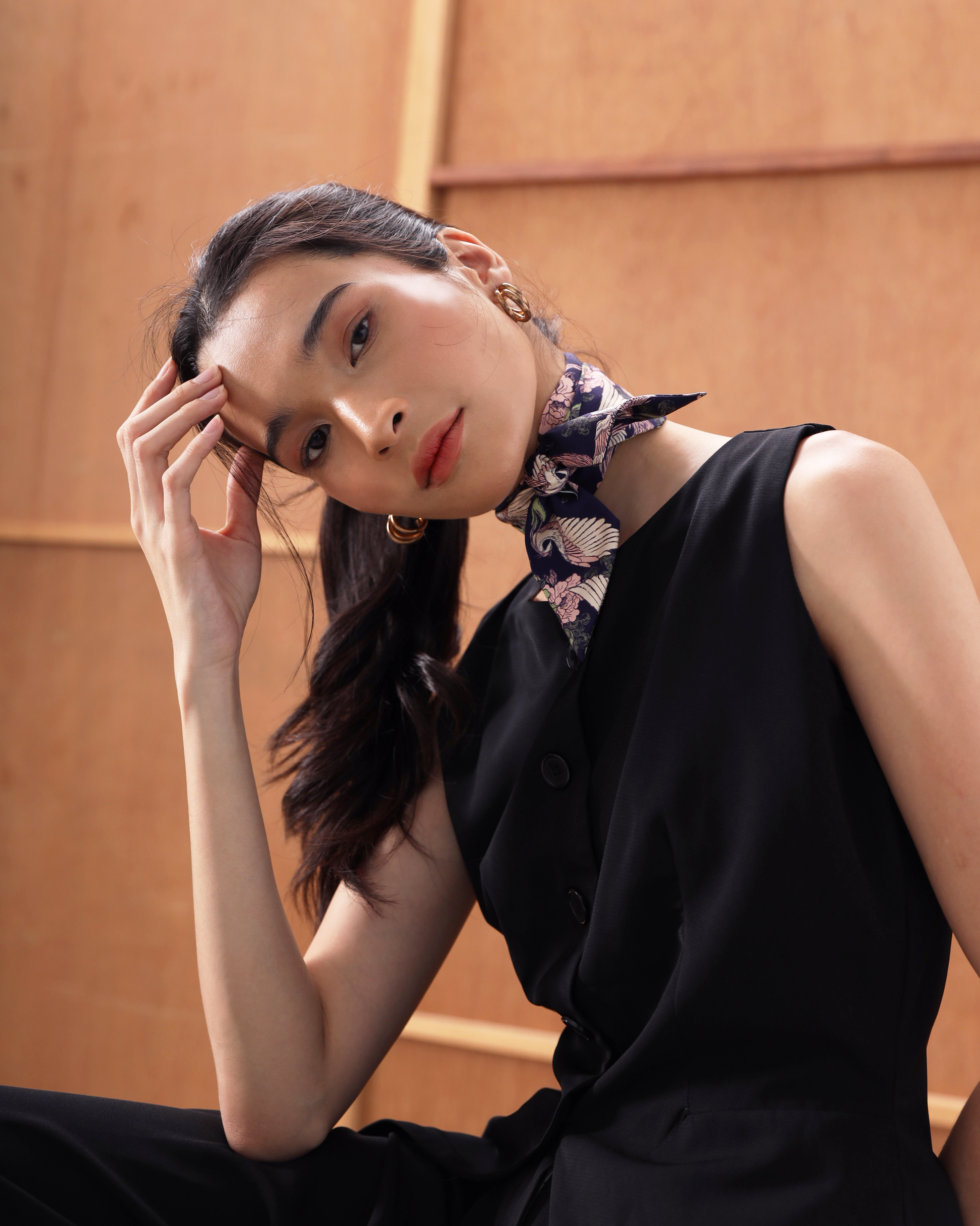Phoenix Pink Sage silk bandeau styled as a neck scarf — Studio Qiling wearable art luxury silk bandeau Singapore