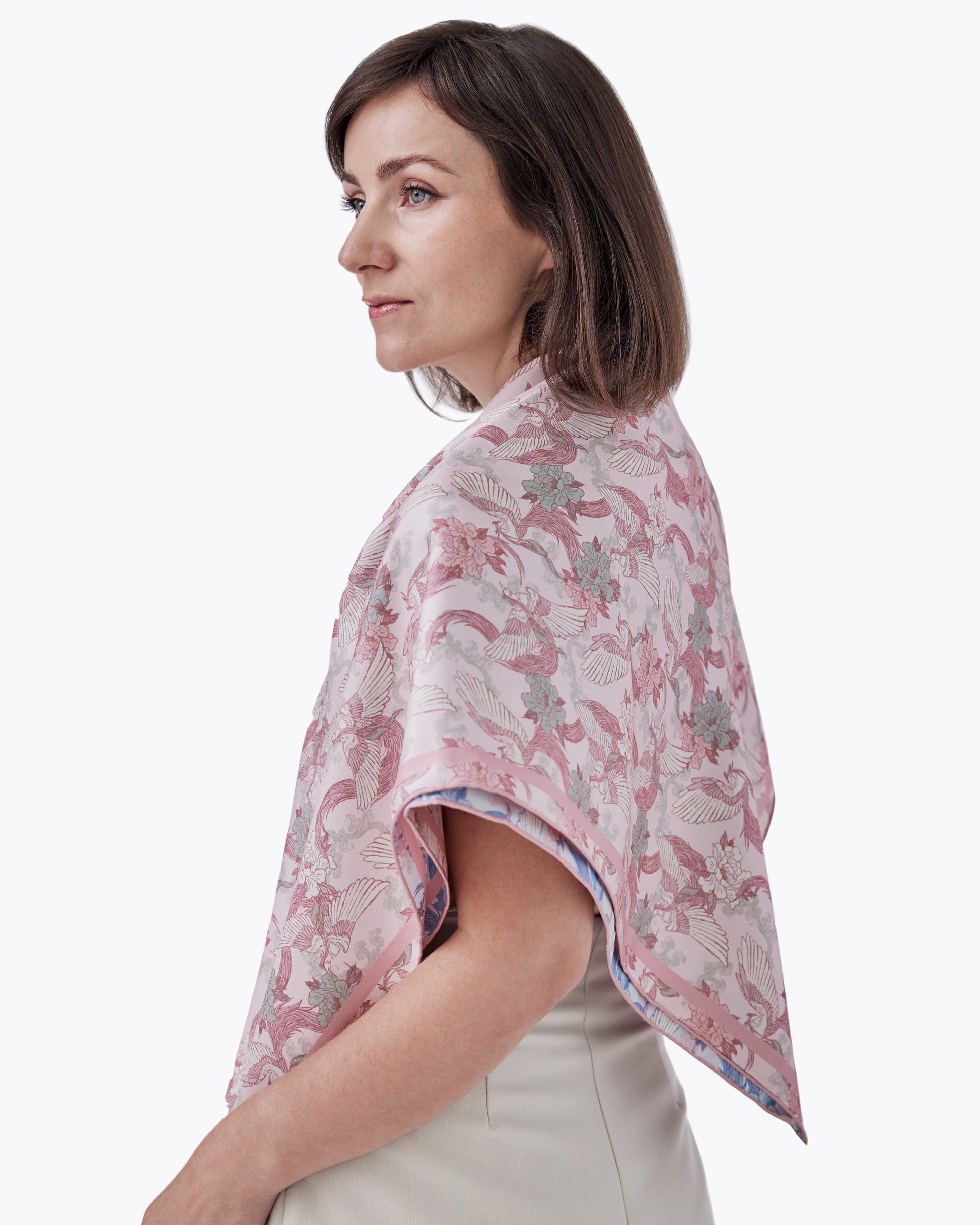 Phoenix Sakura Sky double-sided silk scarf styled as a top — Studio Qiling wearable art luxury scarf Singapore