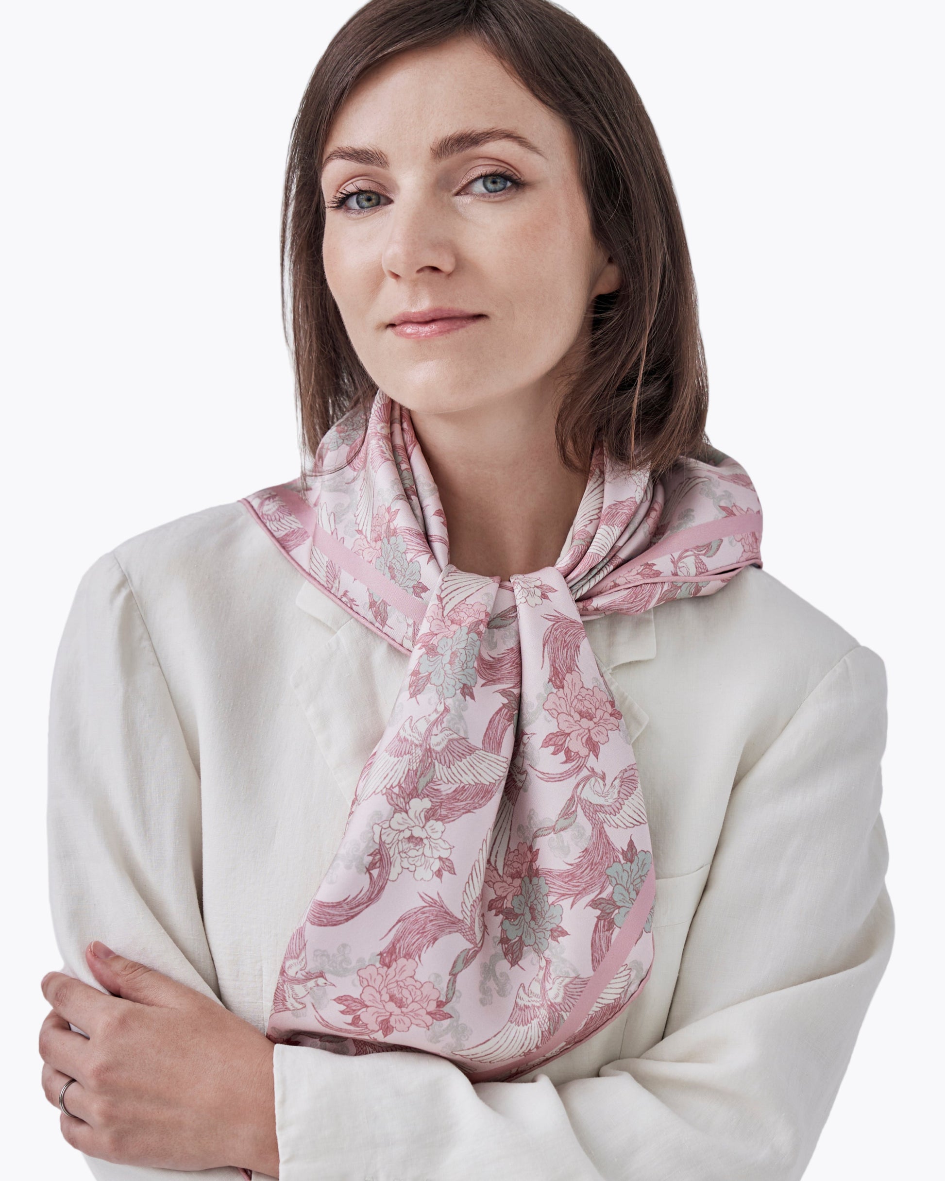 Phoenix Sakura Sky silk scarf styled as a headscarf — Studio Qiling hand-drawn phoenix print luxury scarf Singapore