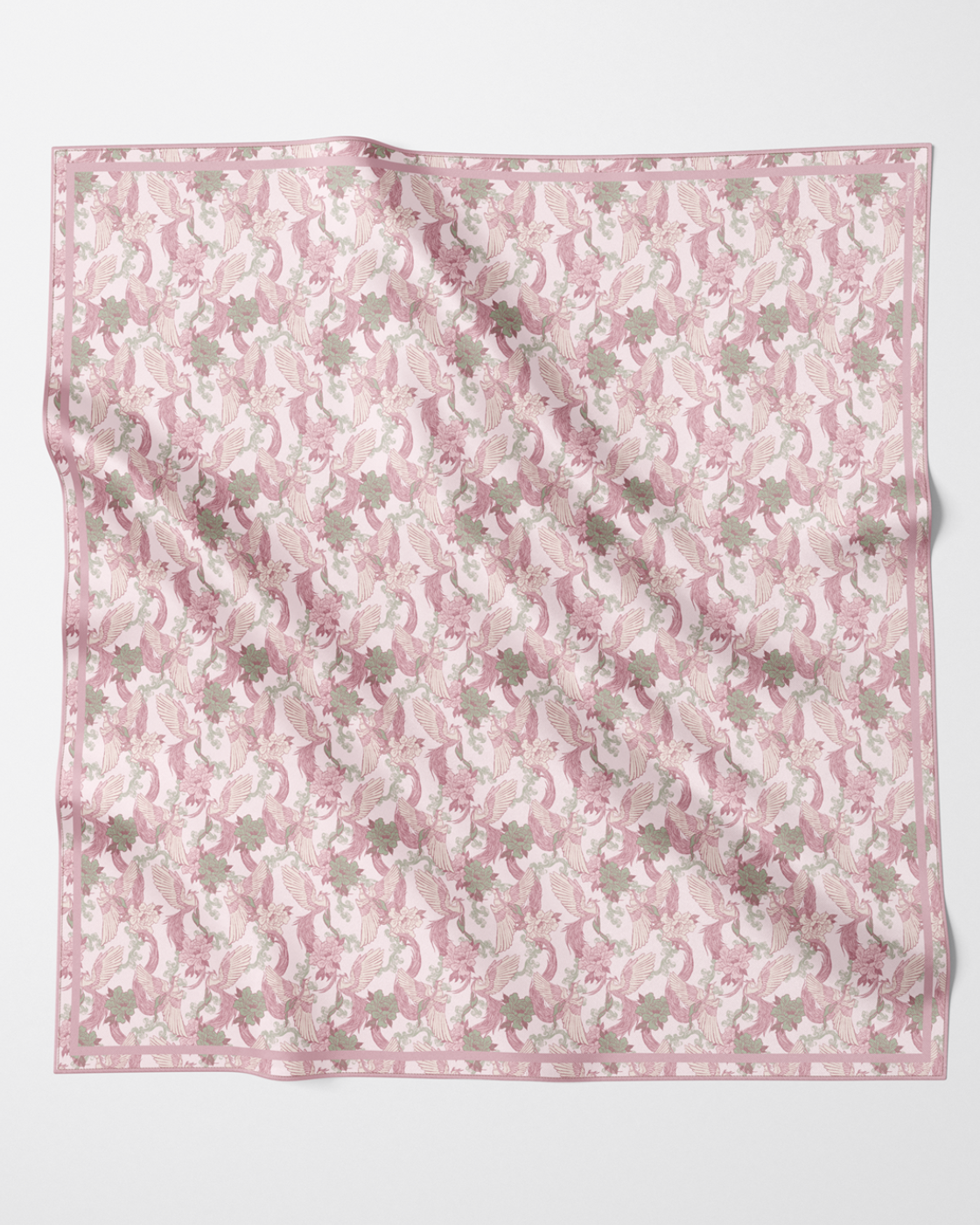 Phoenix Sakura Sky double-sided silk scarf draped — Studio Qiling hand-drawn phoenix print luxury square scarf Singapore
