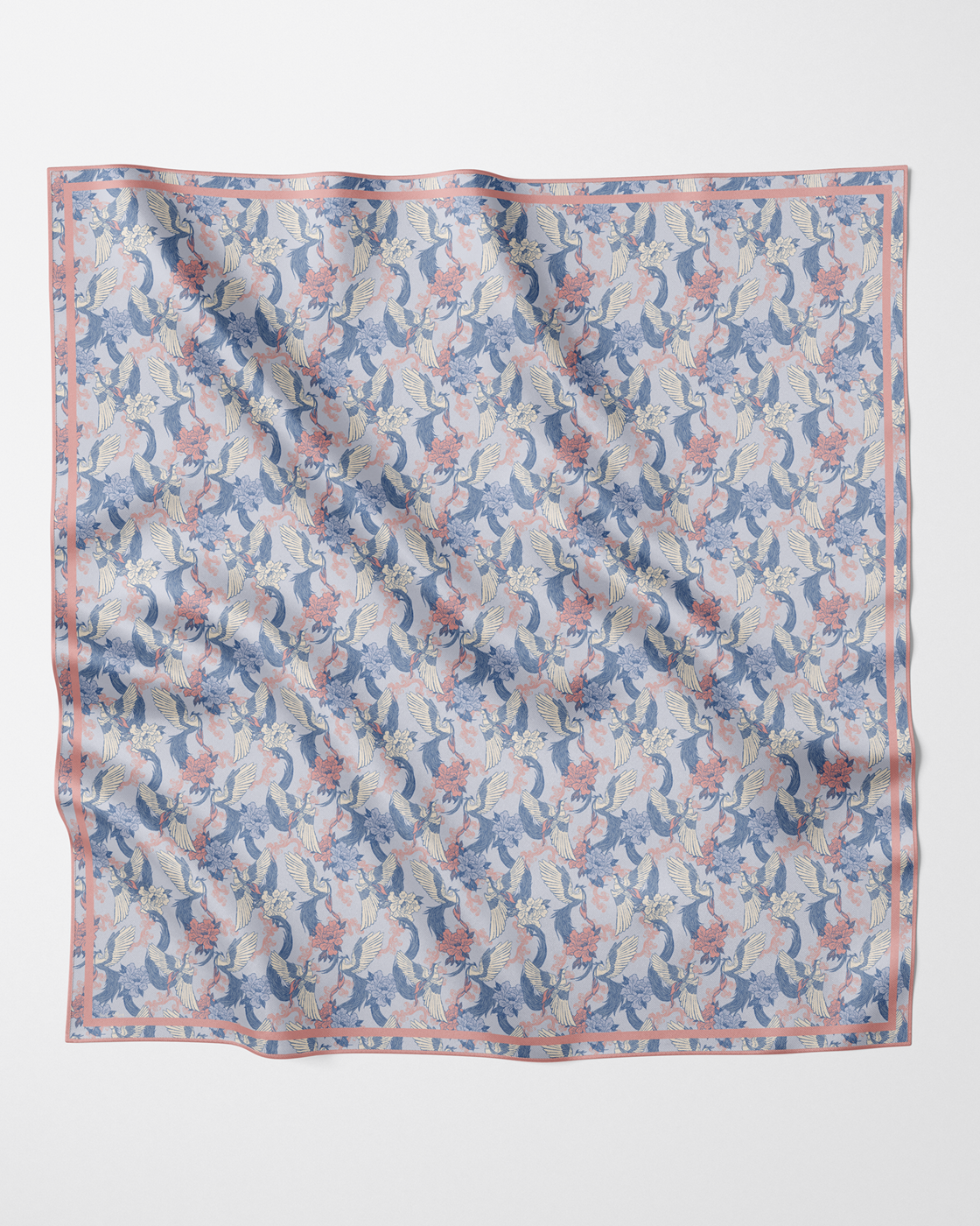 Phoenix Sakura Sky reversible silk scarf laid flat showing both sides — Studio Qiling double-sided luxury scarf Singapore
