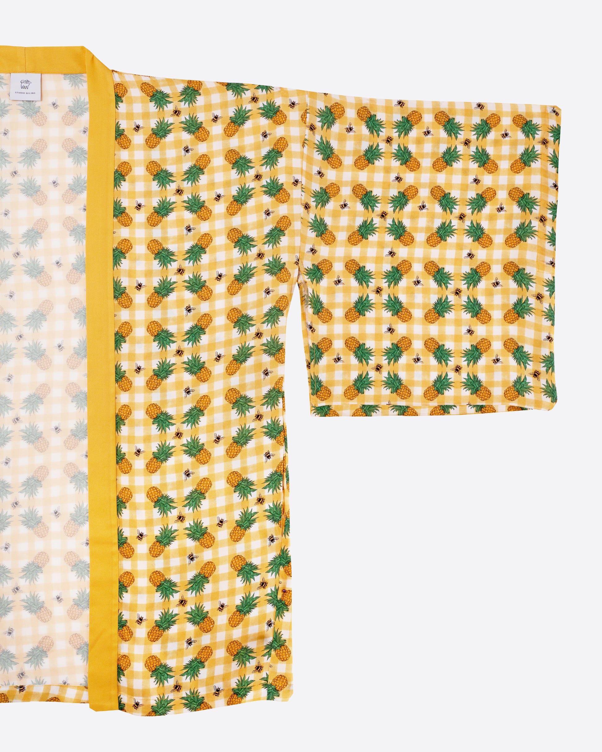 Yellow japanese cut kimono with hand illustrated pineapple gingham pattern