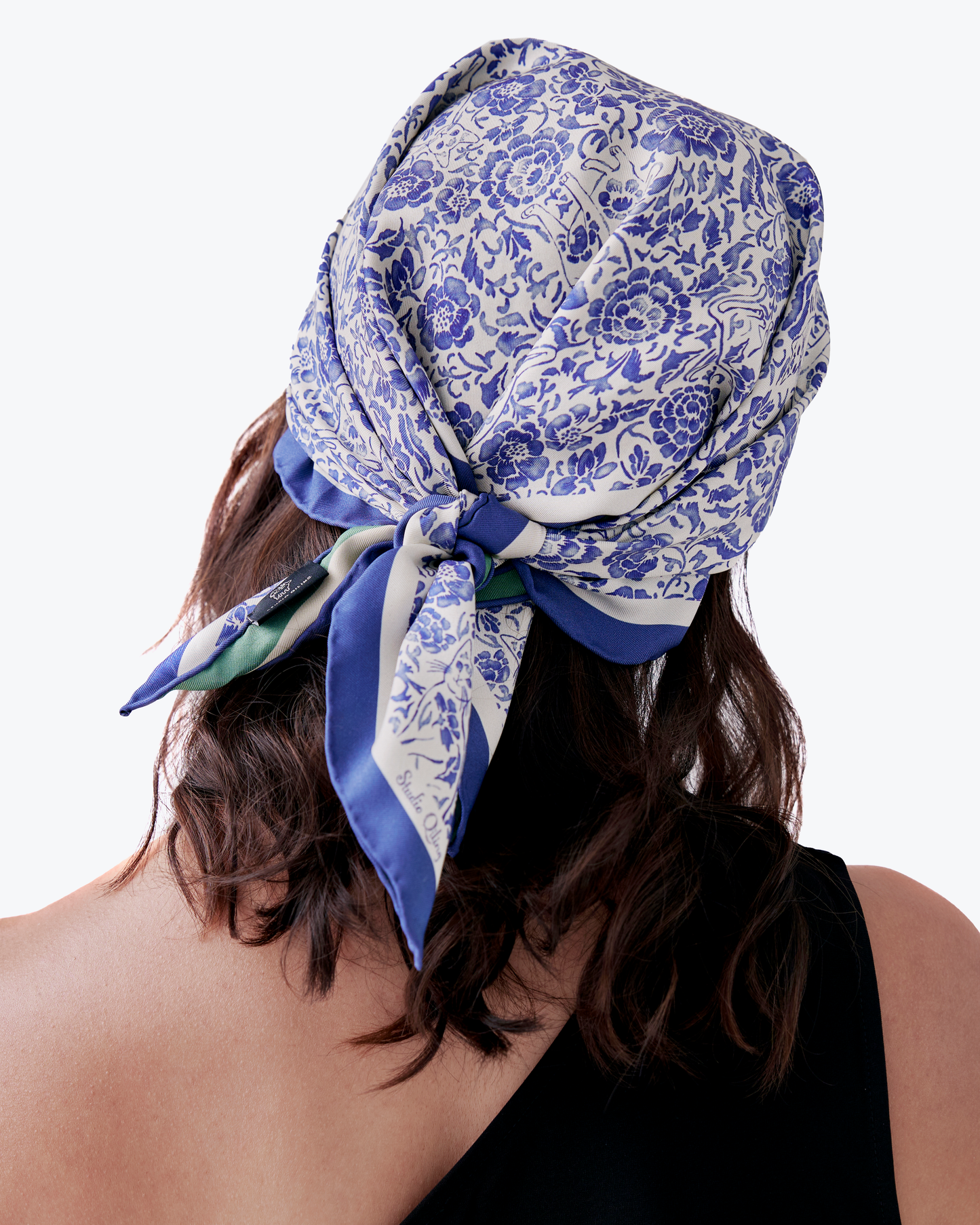 Porcelain Cat Classic Green double-sided 65cm silk scarf with hand-drawn Peranakan cat and floral motif — Studio Qiling Singapore