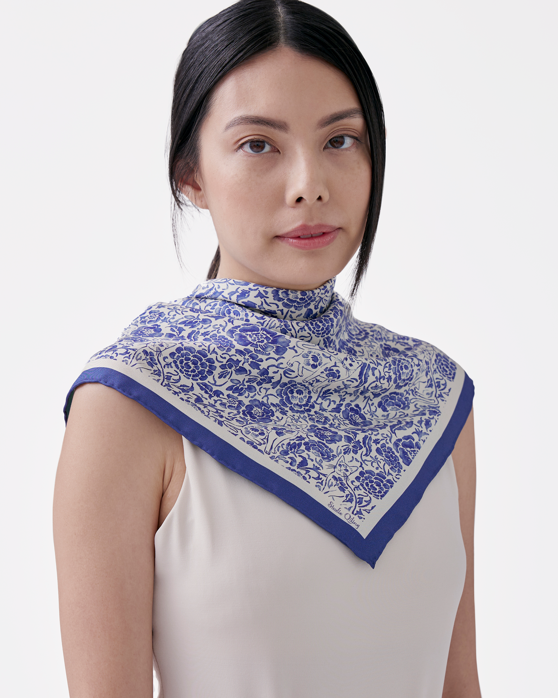 Porcelain Cat Classic Green double-sided silk scarf styled as a headscarf — Studio Qiling wearable art luxury scarf Singapore