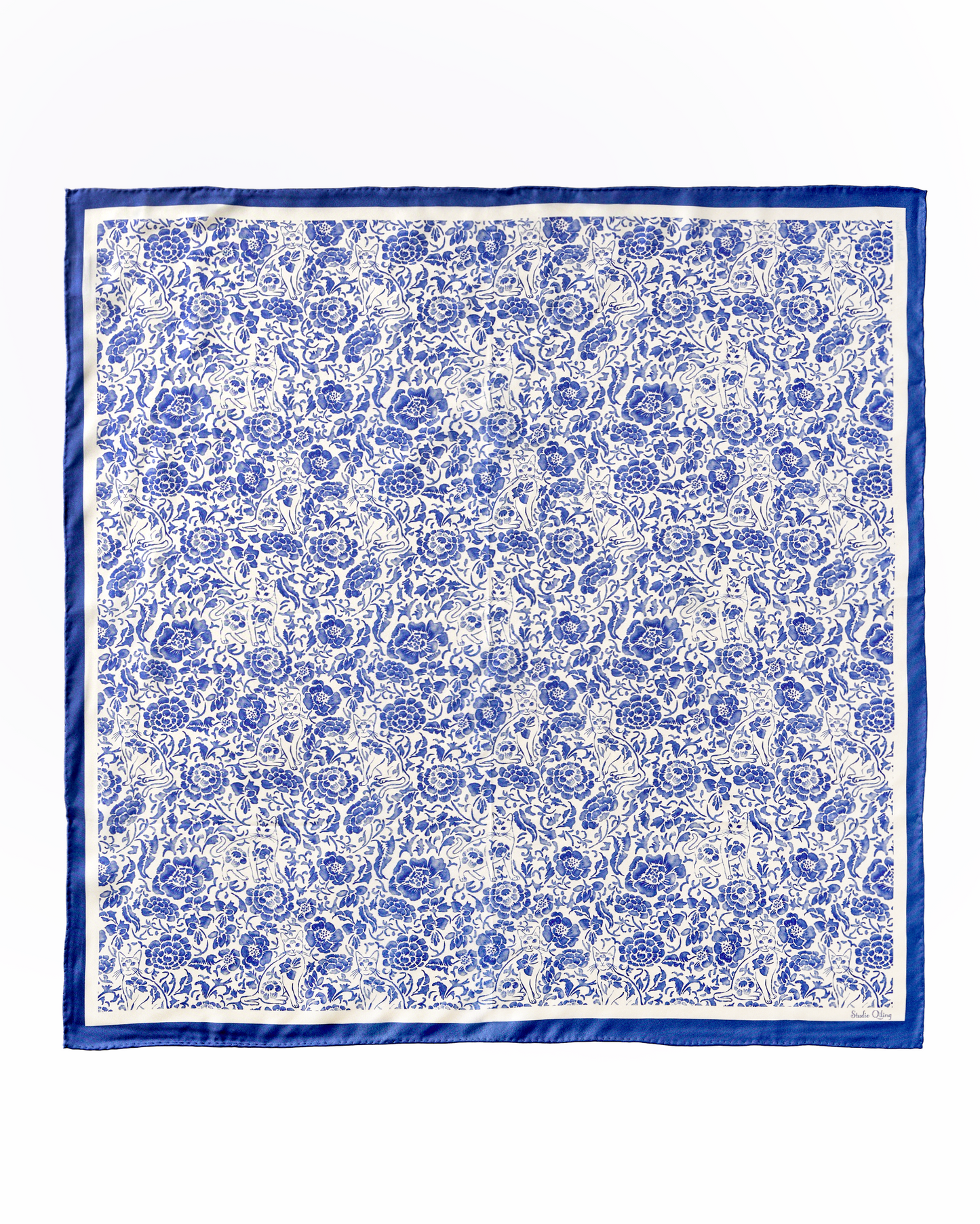 Close-up of hand-drawn Porcelain Cat and floral motif on green reversible silk scarf — Studio Qiling Singapore Chinese heritage print