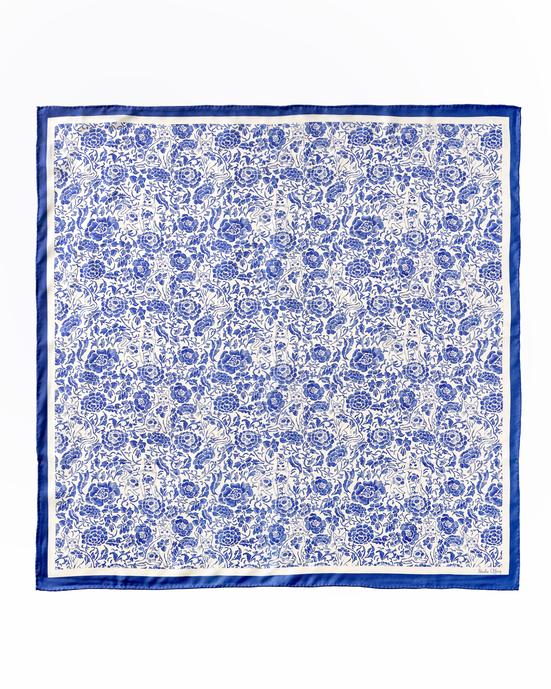 Close-up of hand-drawn Porcelain Cat and floral motif on green reversible silk scarf — Studio Qiling Singapore Chinese heritage print