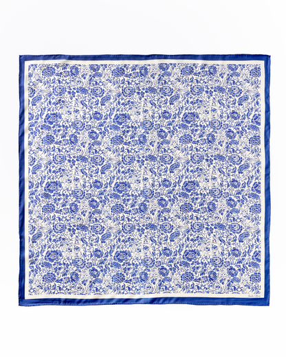Close-up of hand-drawn Porcelain Cat and floral motif on green reversible silk scarf — Studio Qiling Singapore Chinese heritage print