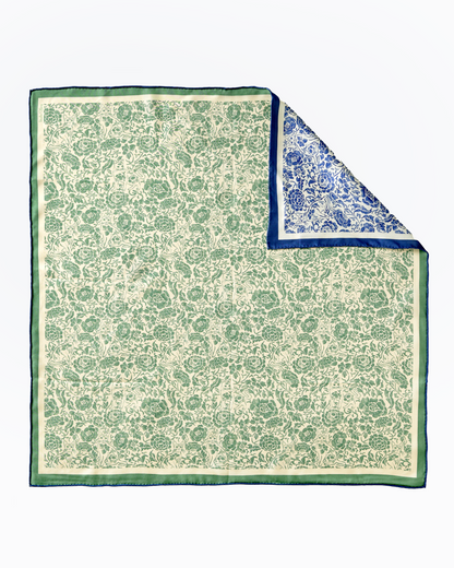 Porcelain Cat Classic Green reversible silk scarf laid flat showing both sides — Studio Qiling double-sided luxury scarf Singapore