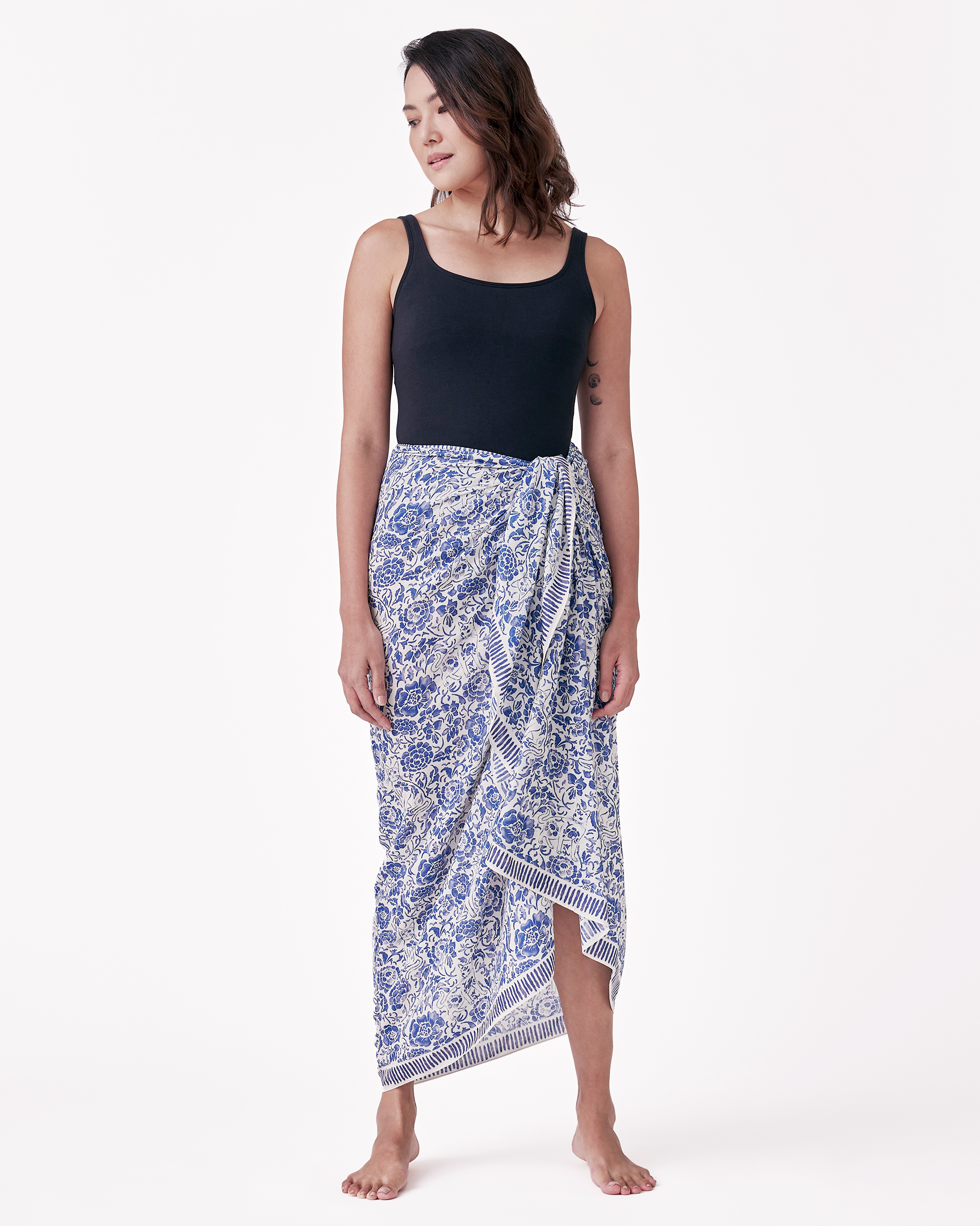 Porcelain Cat Classic pareo styled as a sarong skirt — Studio Qiling wearable art Peranakan print beach wrap Singapore