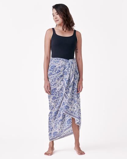 Porcelain Cat Classic pareo styled as a sarong skirt — Studio Qiling wearable art Peranakan print beach wrap Singapore