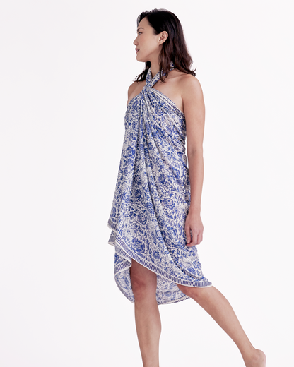 Close-up of hand-drawn Porcelain Cat and floral motif on pareo — Studio Qiling Peranakan-inspired luxury beach wrap Singapore