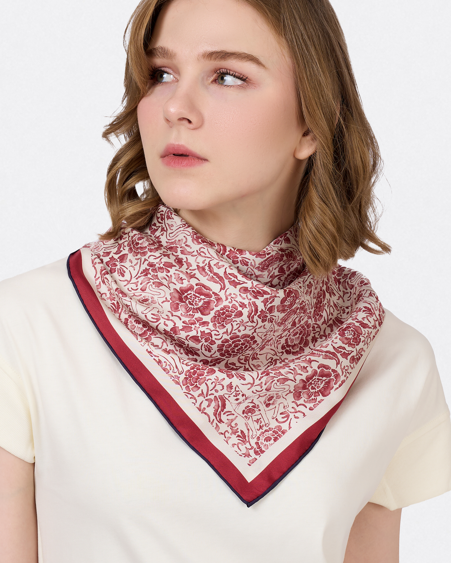 Porcelain Cat Classic Red reversible silk scarf styled as a neck scarf — Studio Qiling hand-drawn Singapura cat wearable art Singapore