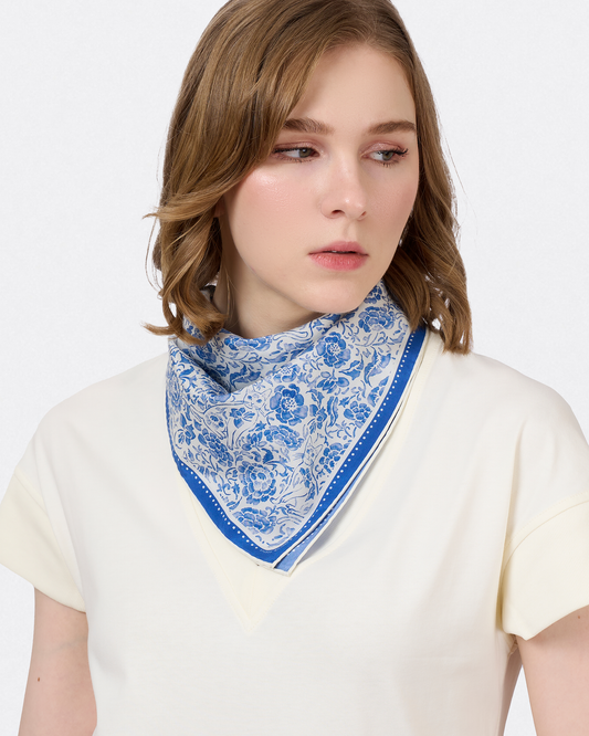 Porcelain Cat Classic silk-cotton bandana with hand-drawn Chinese porcelain and Singapura cat — Studio Qiling luxury print bandana Singapore