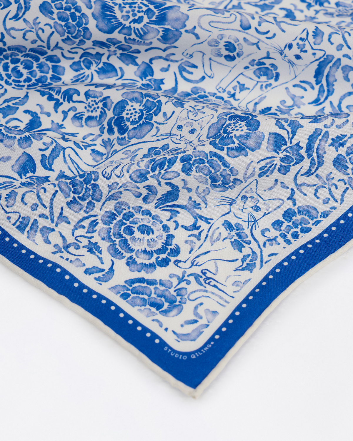Porcelain Cat Classic silk-cotton bandana worn as a headband — Studio Qiling hand-drawn porcelain cat bandana Singapore