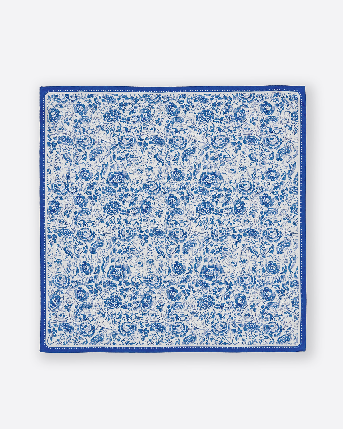 Close-up of hand-drawn Chinese porcelain and Singapura cat print on the Porcelain Cat Classic silk-cotton bandana — Studio Qiling Singapore