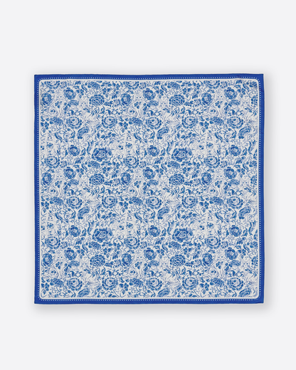 Close-up of hand-drawn Chinese porcelain and Singapura cat print on the Porcelain Cat Classic silk-cotton bandana — Studio Qiling Singapore