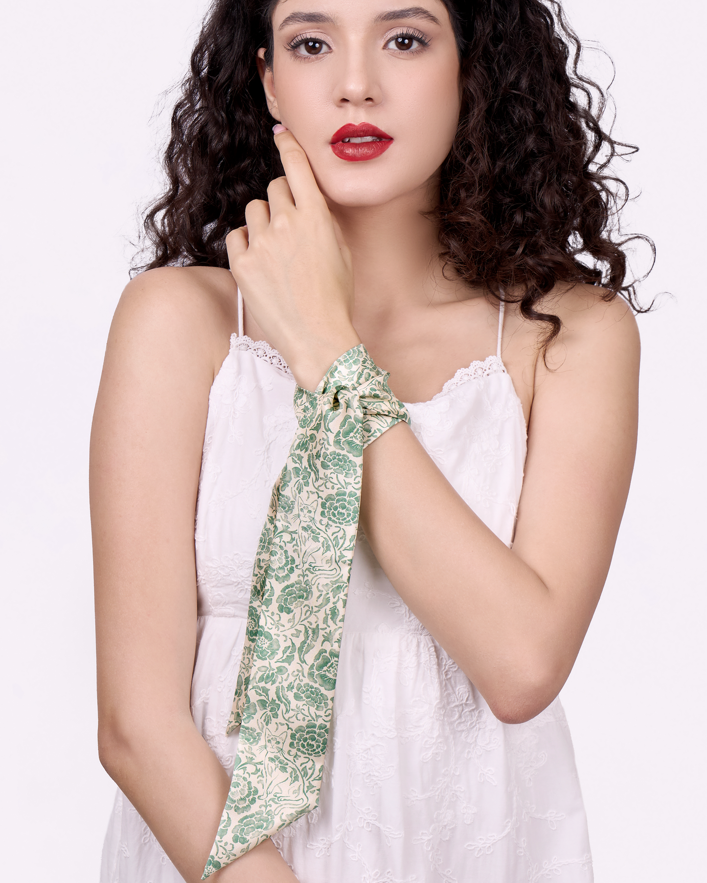 Porcelain Cat Mint silk bandeau laid flat — Studio Qiling hand-drawn Peranakan cat print luxury silk hair accessory Singapore