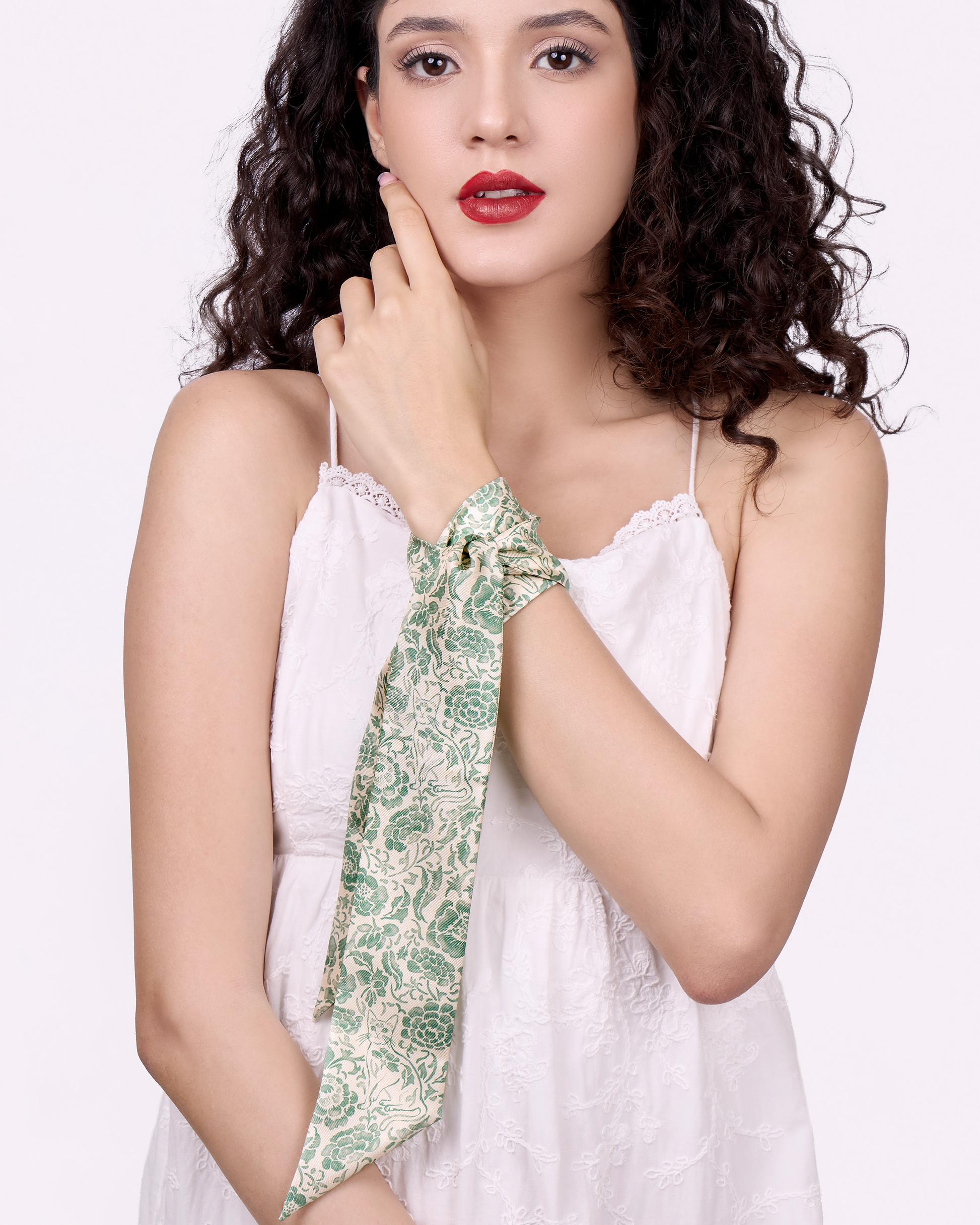 Porcelain Cat Mint silk bandeau laid flat — Studio Qiling hand-drawn Peranakan cat print luxury silk hair accessory Singapore