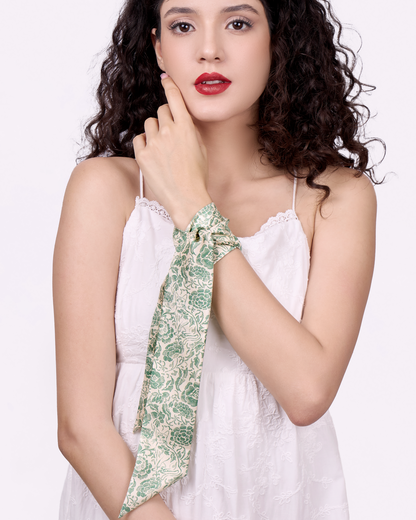 Porcelain Cat Mint silk bandeau laid flat — Studio Qiling hand-drawn Peranakan cat print luxury silk hair accessory Singapore