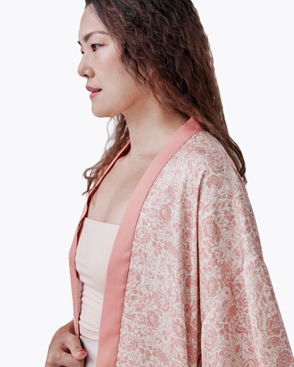 Porcelain Cat Tearose silk blend kimono with hand-drawn Peranakan cat and floral motif — Studio Qiling luxury kimono Singapore