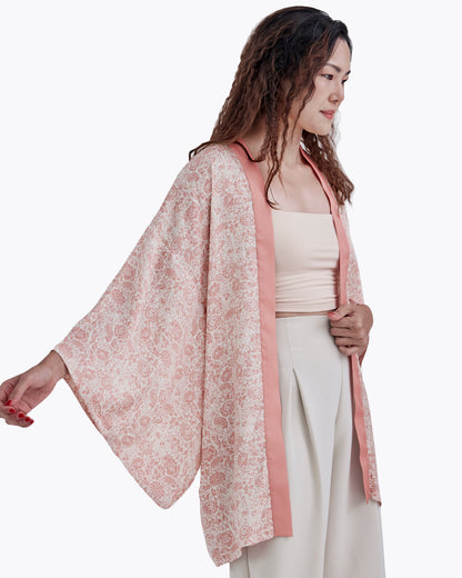 Porcelain Cat Tearose silk blend kimono styled as a beach cover up — Studio Qiling wearable art luxury kimono Singapore